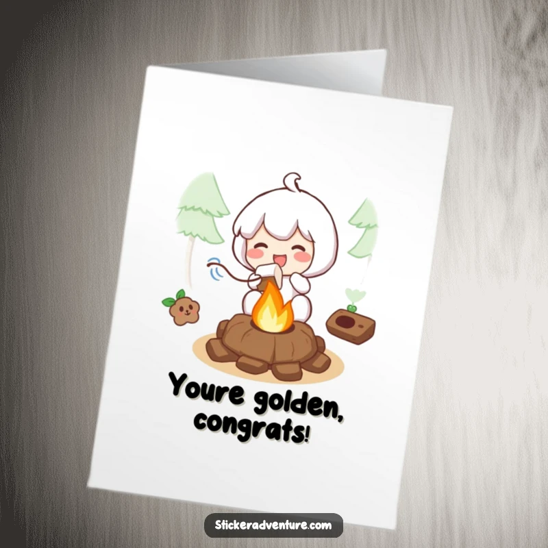 Free Printable Congratulations Card: Character contentedly roasting a marshmallow over a campfire, celebrating achievement.