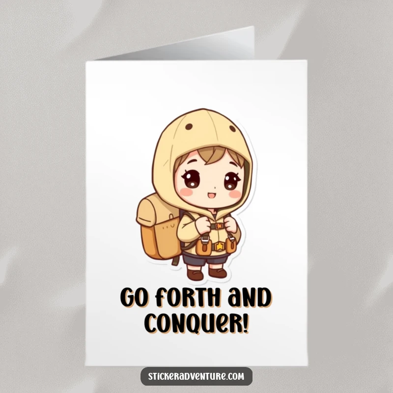 Funny Free Printable Congratulations Card: Character with backpack, looking eager, symbolizing reaching new heights and celebrating accomplishments.