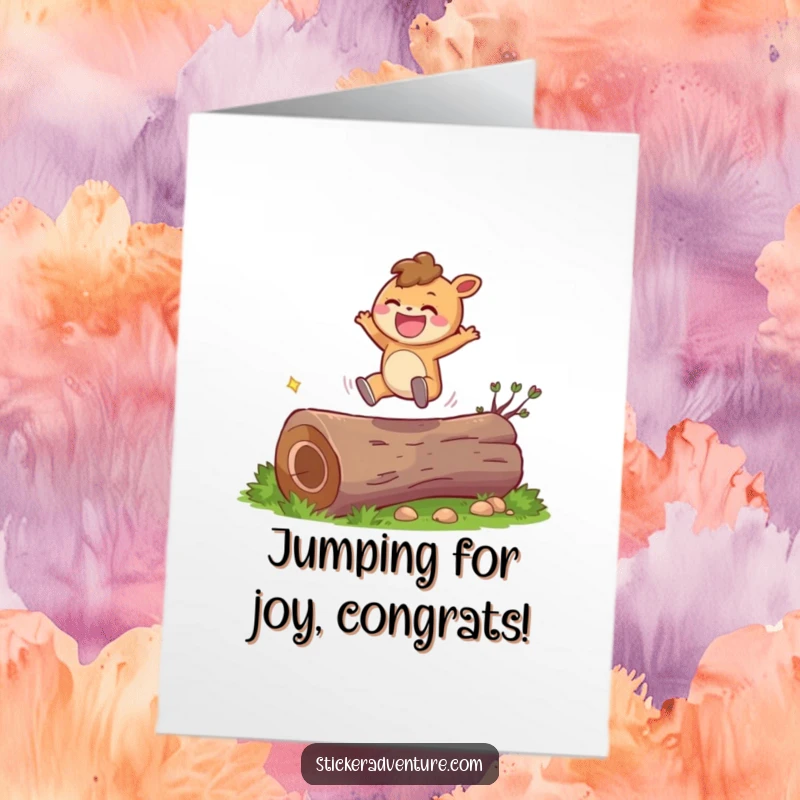 Funny Free Printable Congratulations Card featuring a cute character with a wide grin leaping over a fallen log.