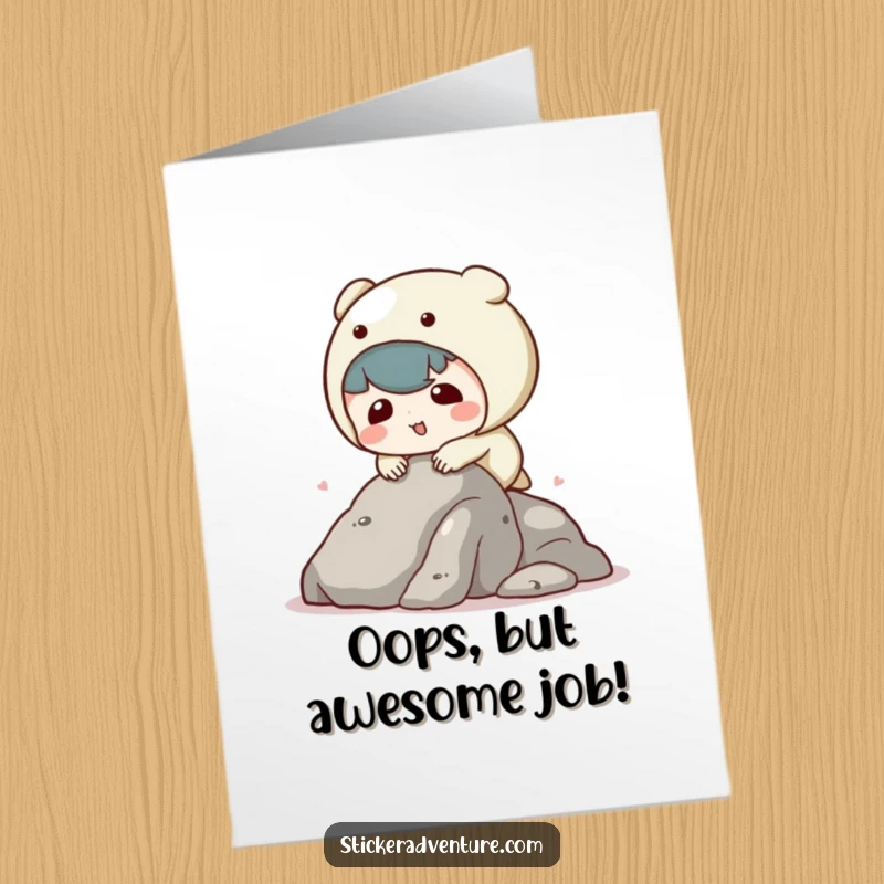 Funny Free Printable Congratulations Card showing a kawaii character comically tripping while trying to scale a small rock.