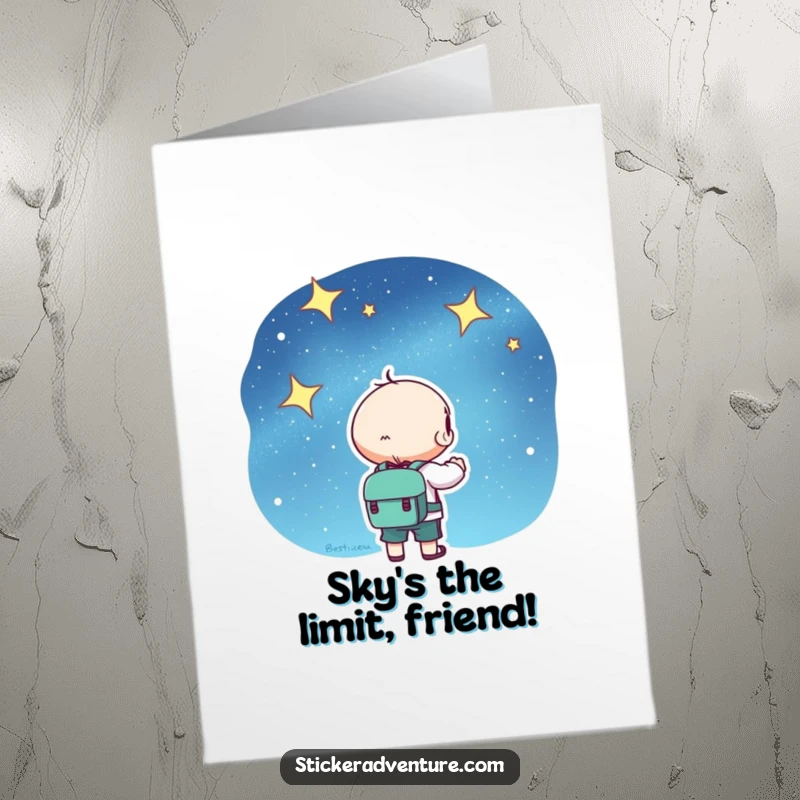Free Printable Congratulations Card: Cute kawaii character wearing a backpack, looking up at a starry sky.
