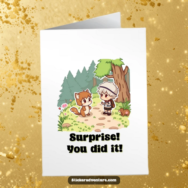 Funny Free Printable Congratulations Card: A character reacting with surprise to a friendly woodland creature popping out on a trail.