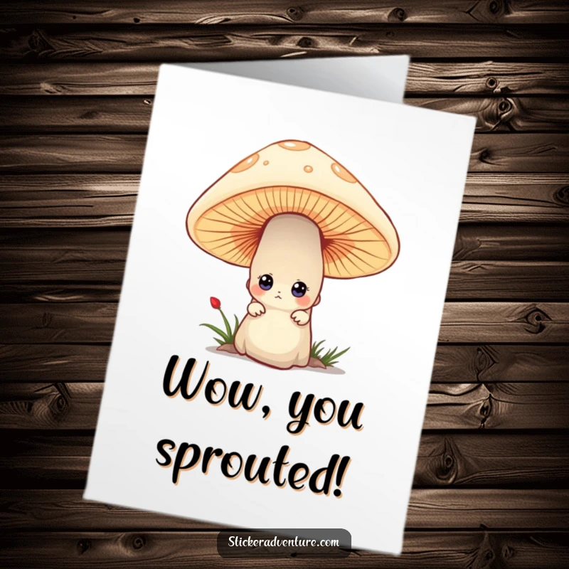 Funny Free Printable Congratulations Card: Tiny character peeking out from behind a mushroom, expressing curiosity and congratulations with a playful vibe.
