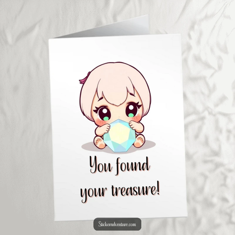 Funny Free Printable Congrats Card: Cute character wide-eyed with delight finding a massive sparkling gem, perfect gift.