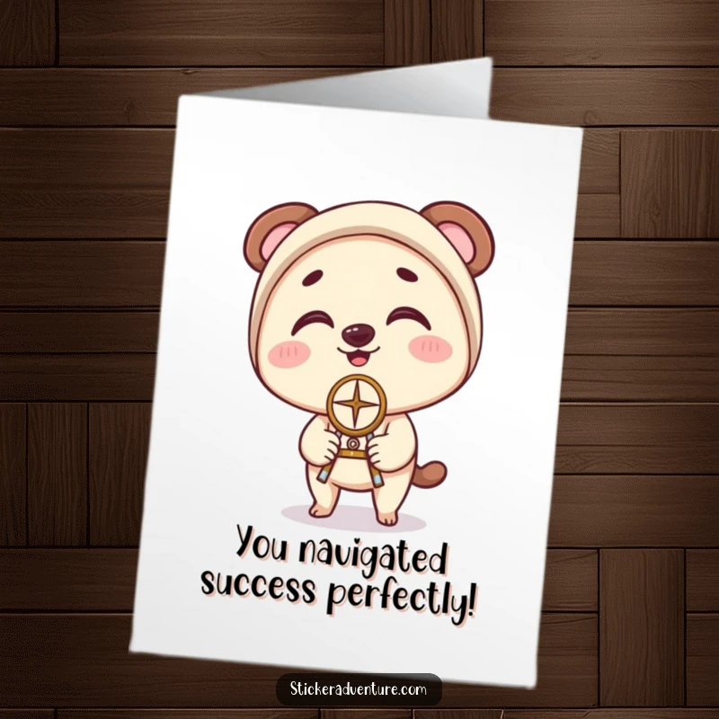 Funny Free Printable Congratulations Card: Character with clumsy delight balances a compass on their nose, celebrating a successful journey.