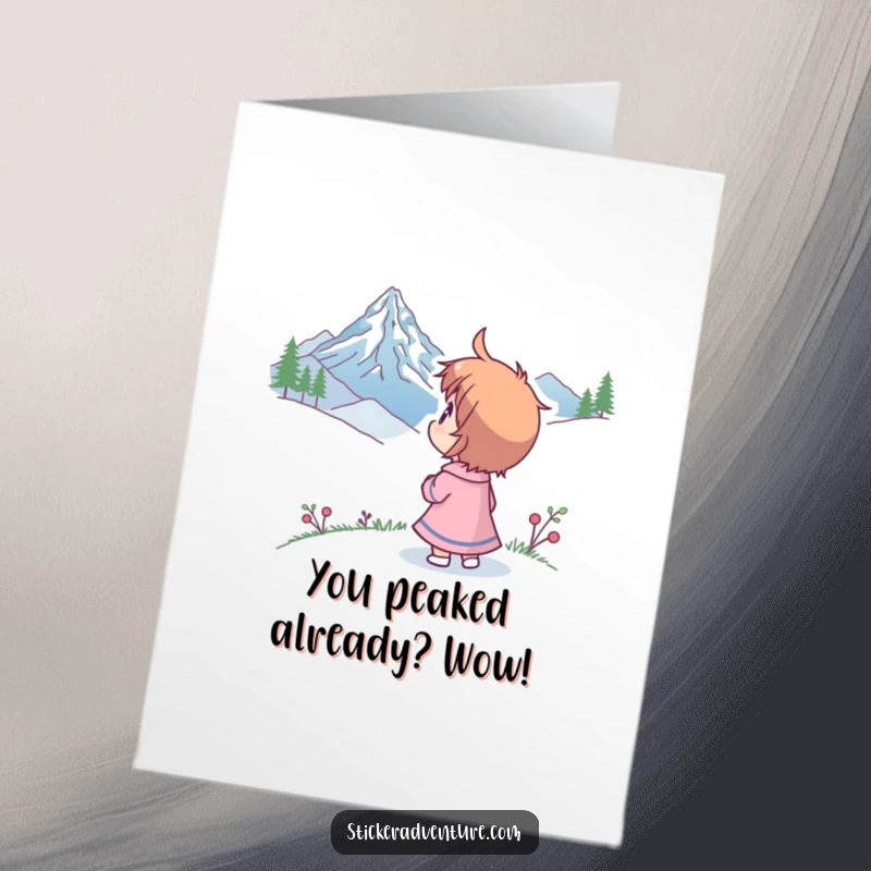 Funny Free Printable Congratulations Card showing a character gazing at a mountain peak, celebrating a monumental achievement with awe.