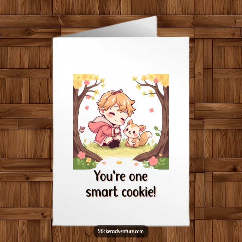 Funny Free Printable Congrats Card: Character and a curious woodland creature sharing a playful moment, a great DIY downloadable gift.