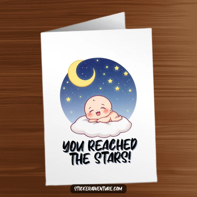 Funny Free Printable Congrats Card: Tiny being sleeping under a starry sky, laughing contentedly, celebrating a peaceful victory.