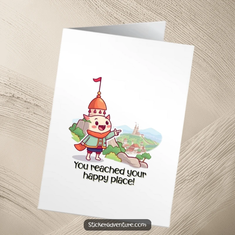 Funny Free Printable Congrats Card: Grinning explorer pointing to a distant goal, celebrating success, downloadable achievement gift.