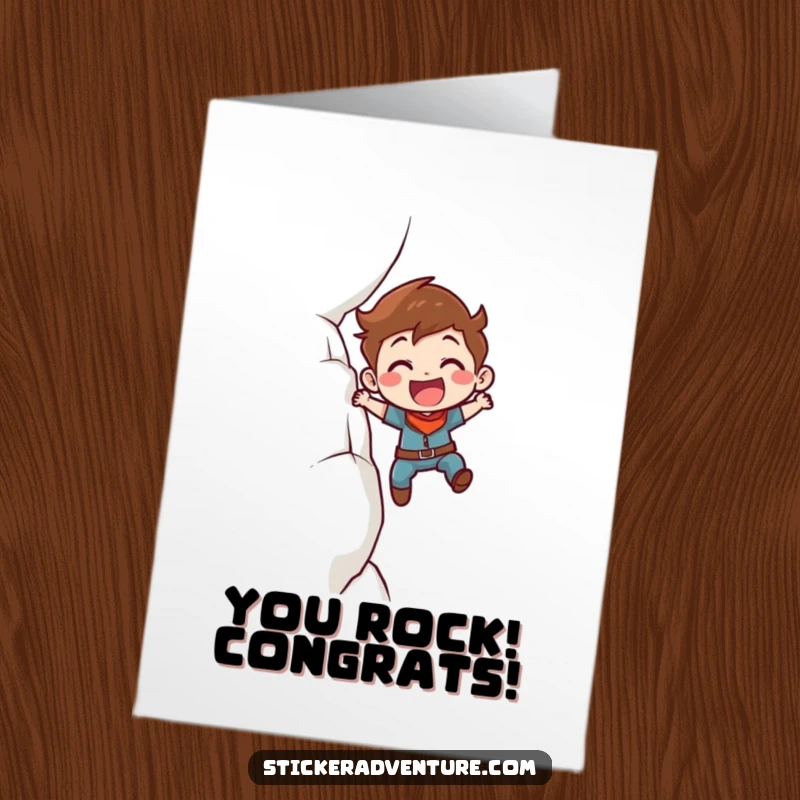 Funny Free Printable Congrats Card showing a character enthusiastically scaling a cliff face with a determined smile.