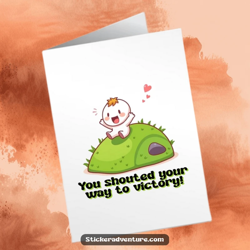 Funny Free Printable Congrats Card: A character gleefully sliding down a hill, shouting with excitement to celebrate a big win.