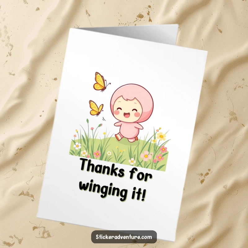 Funny Free Printable Thank You Card: A smiling character happily chases a butterfly, sending a thank you as light as a flutter.