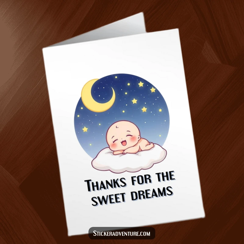 Funny Free Printable Thank You Card: Tiny being sleeping under a starry sky, laughing softly, expressing heartwarming gratitude.