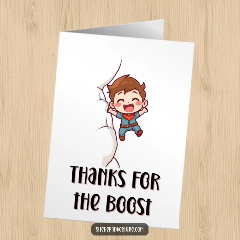 Funny Free Printable Thank You Card of a character enthusiastically scaling a cliff face with a determined smile.