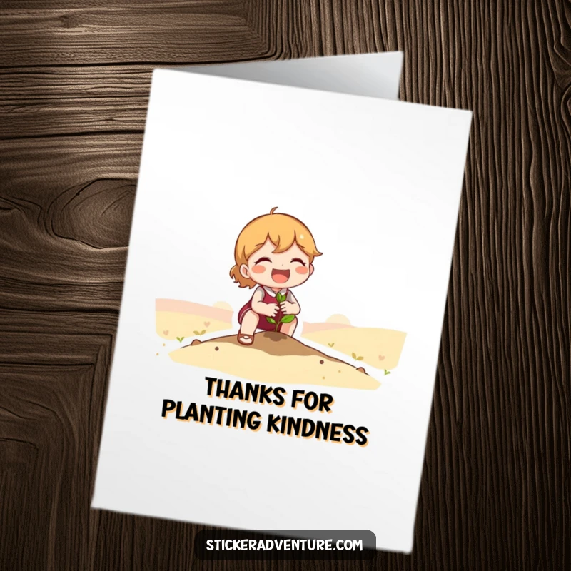 Funny Free Printable Thank You Card featuring a cute character joyfully planting a tiny seedling in a vast landscape.
