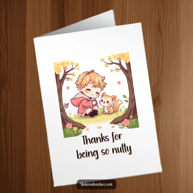 Funny Free Printable Thank You Card: Character being friendly with a woodland creature, a perfect and humorous DIY thank you gift.
