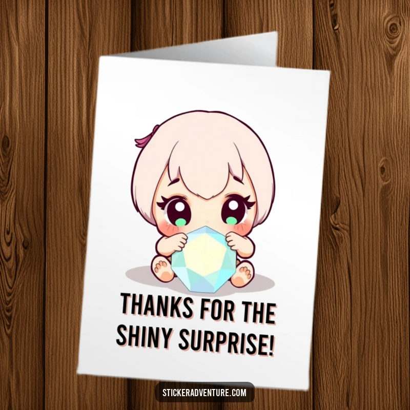 Funny Free Printable Thank You Card: Wide-eyed character stunned by a huge sparkling gem, a delightful gift.