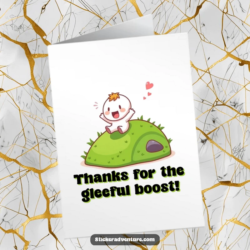 Funny Free Printable Thank You Card: A character sliding down a grassy hill with a gleeful shout, expressing heartfelt thanks.