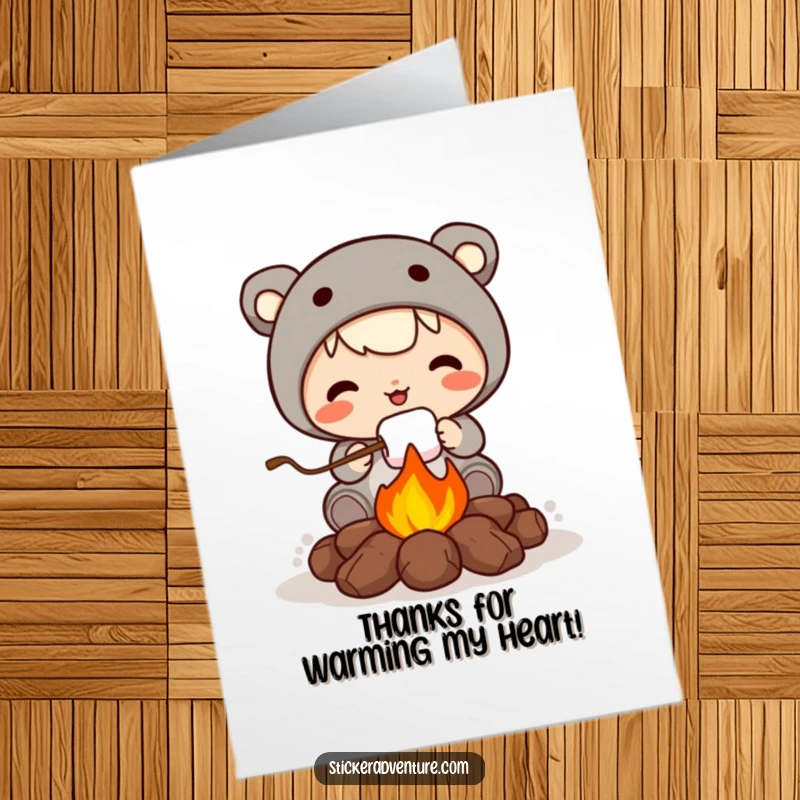 Funny Free Printable Thank You Card with a cute character roasting a marshmallow, symbolizing warm and sweet gratitude.