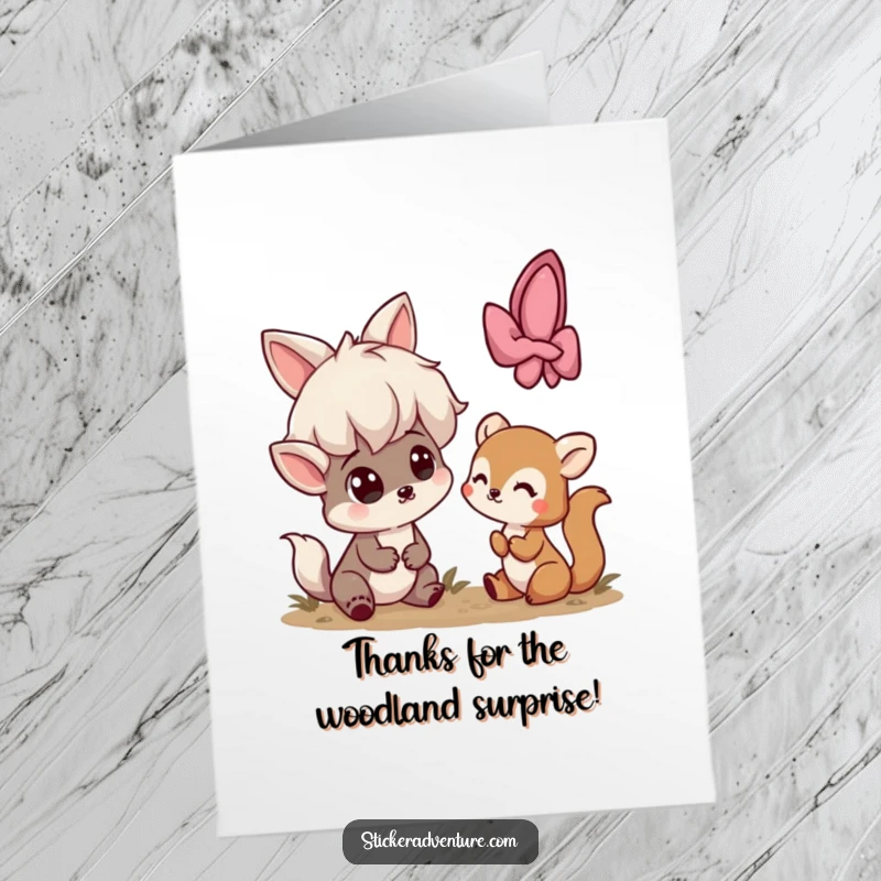 Funny Free Printable Thank You Card: Playful character looks surprised at a small shy woodland creature, a sweet gift.