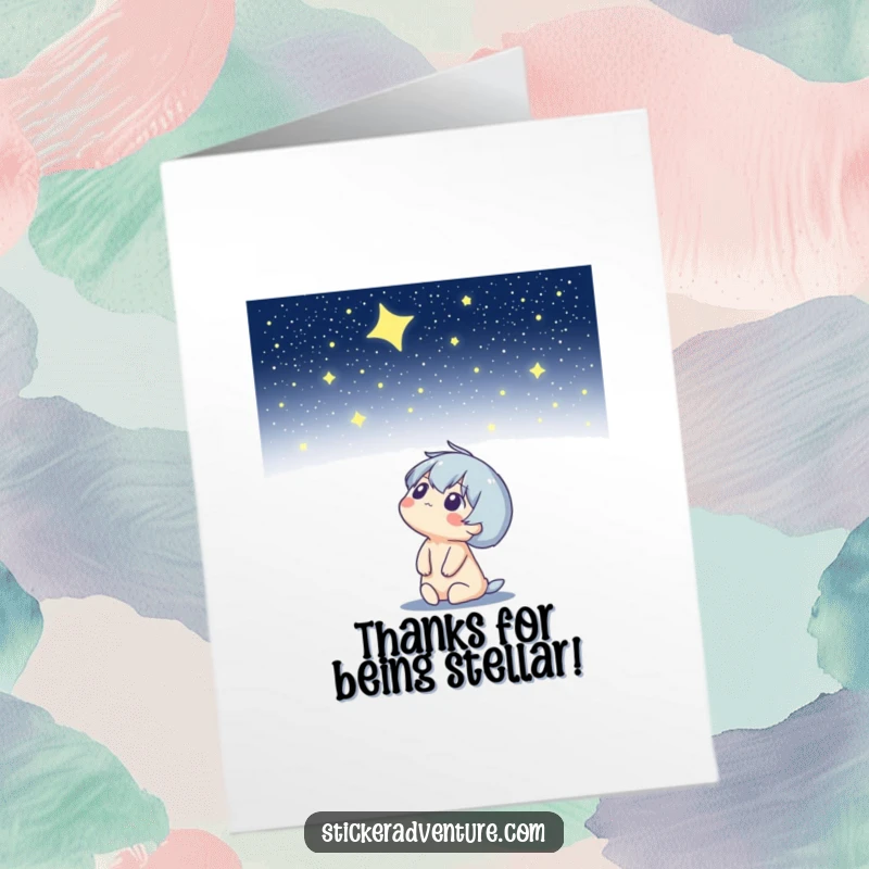 Funny Free Printable Thank You Card with a character looking up at a starry night sky, conveying immense and twinkling thanks.