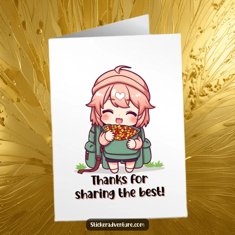 Funny Free Printable Thank You Card: Trail mix character happily shares a snack, expressing gratitude with a grin.