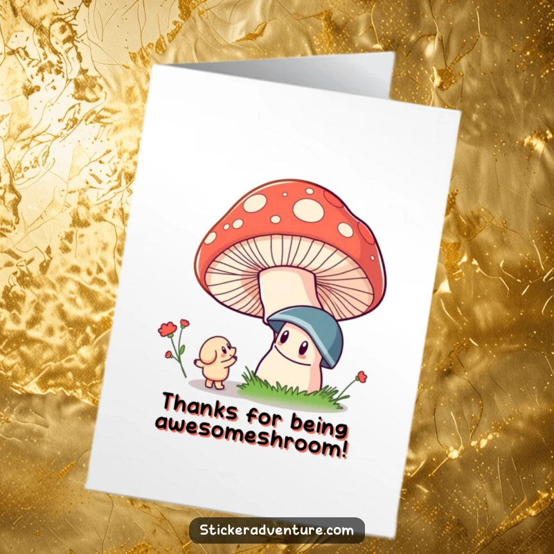 Funny Free Printable Thank You Card: Whimsical character looks up in wonder at a giant, brightly colored mushroom, expressing thanks.