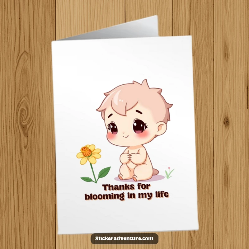 Funny Free Printable Thank You Card: A curious character smiles, captivated by a rare, delicate wildflower, expressing thanks with nature's wonder.