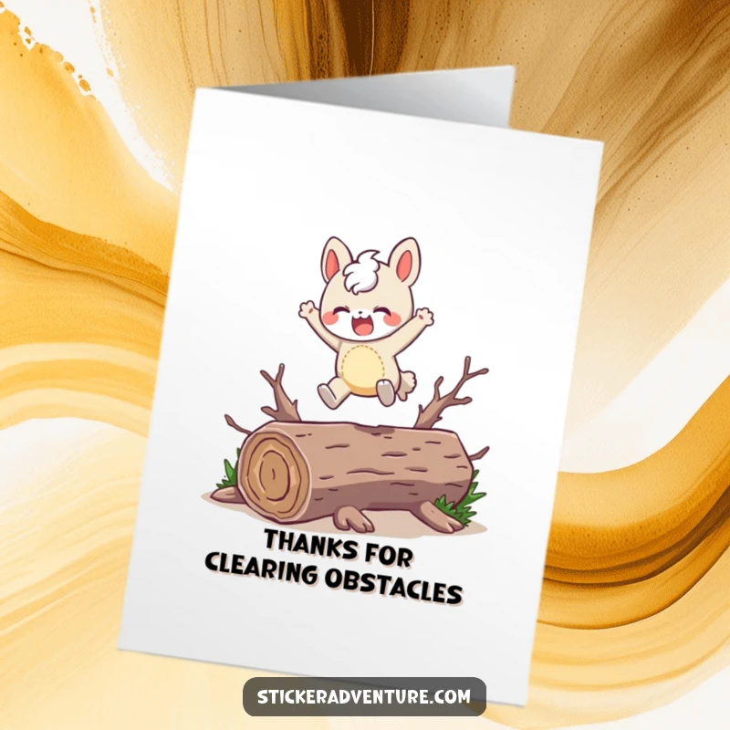 Funny free printable thank you card: Character playfully leaping over a fallen log with a joyful expression, conveying thanks.