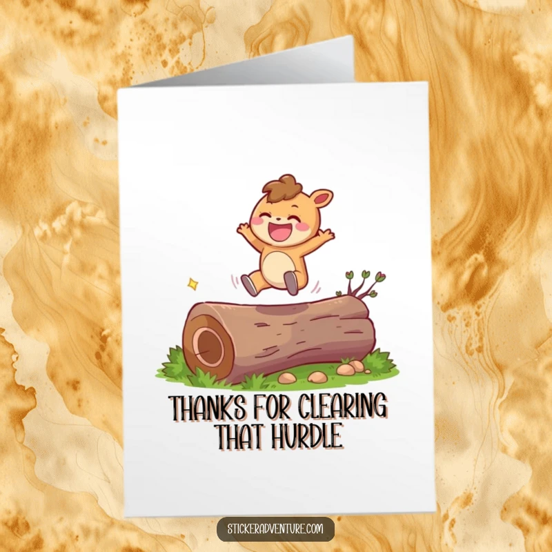 Funny Free Printable Thank You Card of a cute character joyfully leaping over a log, sporting a wide, happy grin.