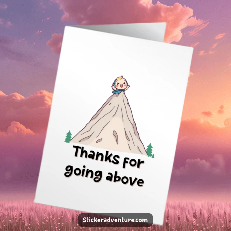 Funny Free Printable Thank You Card: Cute character at a mountain peak with a backpack, expressing thanks joyfully.