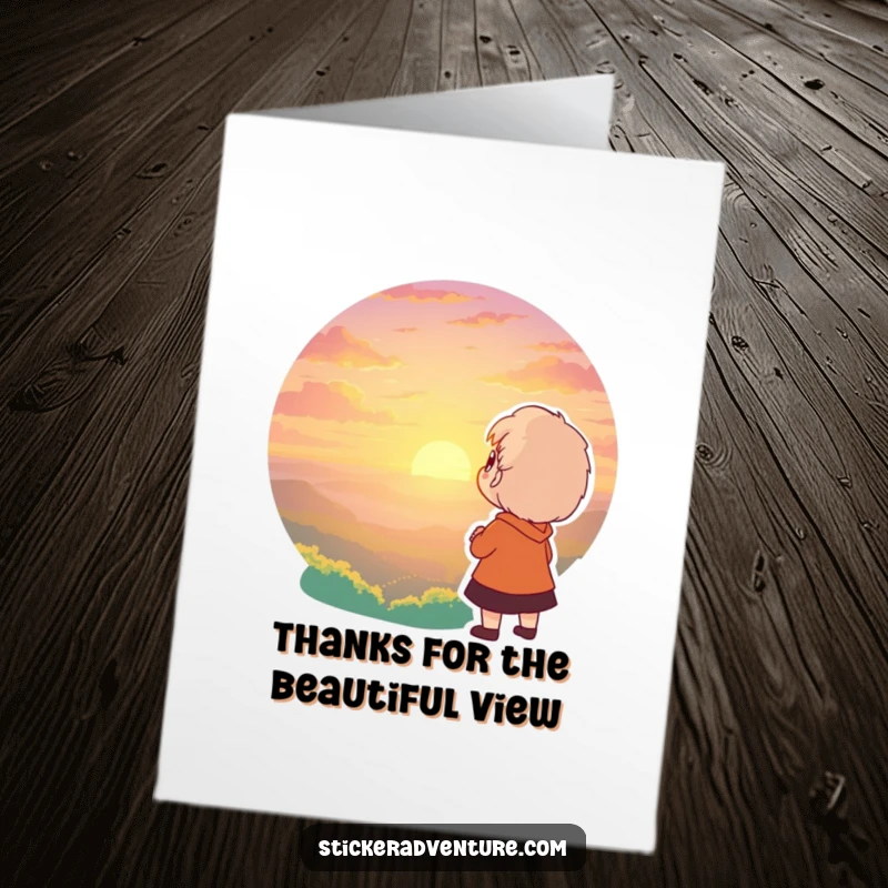 Free Printable Thank You Card: Character admiring a beautiful sunset, expressing deep thanks and evoking awe, a lovely DIY gift.