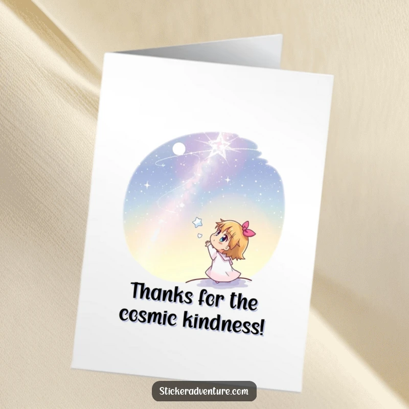 Funny Free Printable Thank You Card: Happy character looking up at a vast, starlit sky, a heartfelt gift.