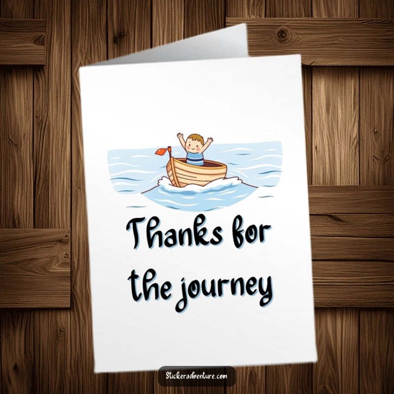 Funny Free Printable Thank You Card: Small character in a boat on the ocean, waving with thanks, a cute downloadable.