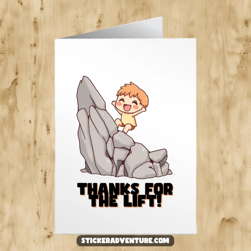 Funny Free Printable Thank You Card showing a happy character scaling a mini cliff, perfect for showing appreciation.