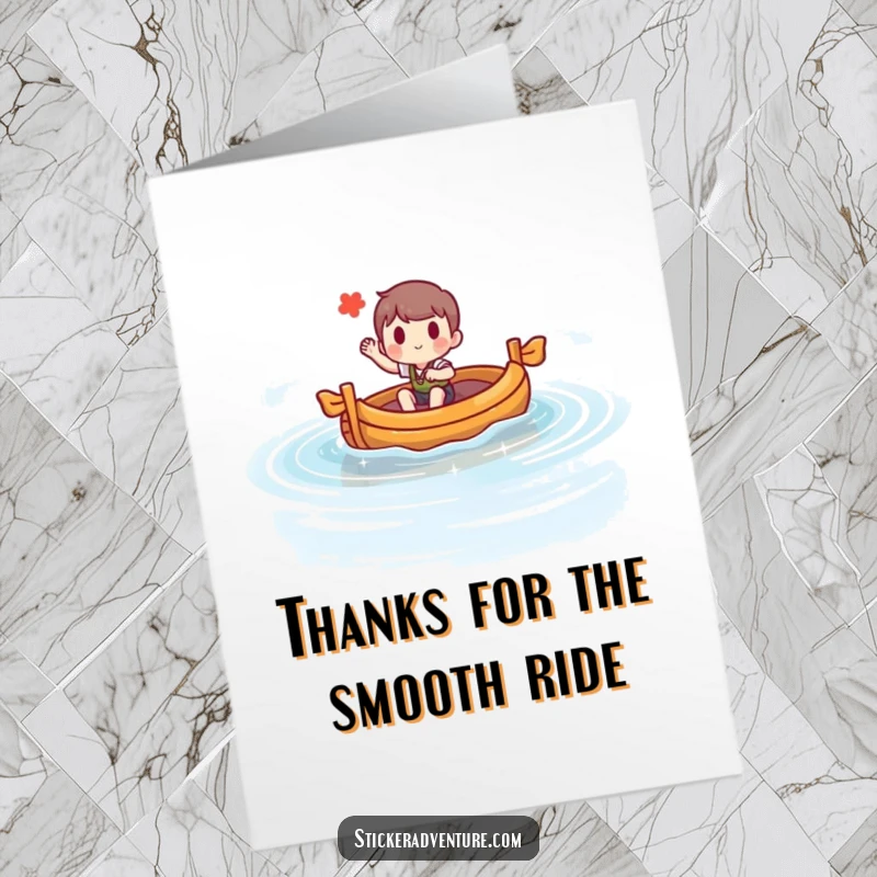 Funny Free Printable Thank You Card: Character on a raft voyage, expressing thanks with a cheerful wave, a great DIY gift.