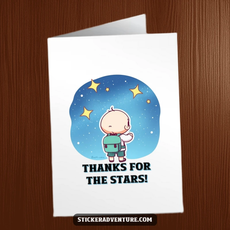 Free Printable Thank You Card: Kawaii character with backpack gazing wistfully at a beautiful starry night sky.