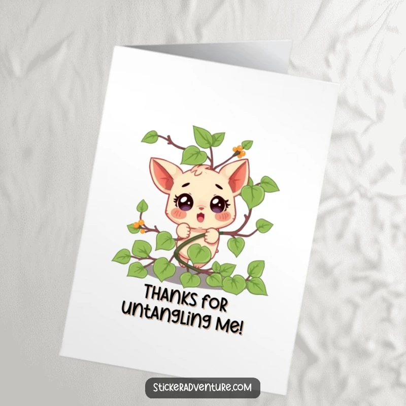 Funny Free Printable Thank You Card: Character comically tangled in a vine with a surprised expression.