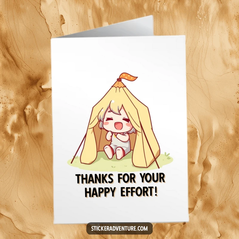 Funny Free Printable Thank You Card: Character determinedly setting up a tiny tent with a happy, thankful expression.
