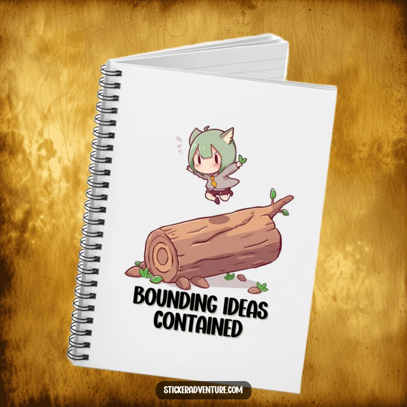 Funny notebook featuring a character energetically leaping over a fallen log with grace. Ideal for jotting down ideas.