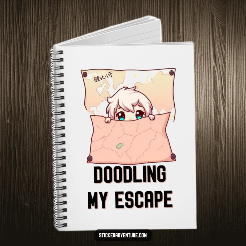 Funny Map Notebook, ideal for planning, featuring a character hiding and peeking with wide eyes from behind a large map.