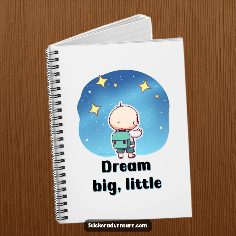 Kawaii notebook cover depicting a cute character with a backpack, gazing at a sparkling starry sky, perfect for journaling.