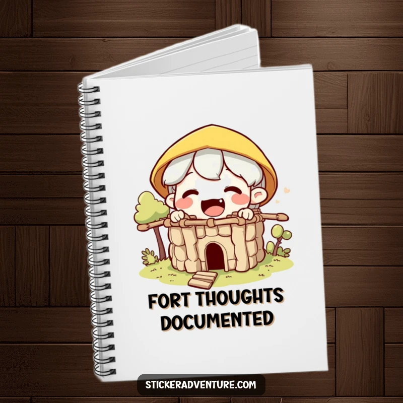 Funny builder character notebook, featuring an excited character building a small fort from sticks, ready for your ideas.