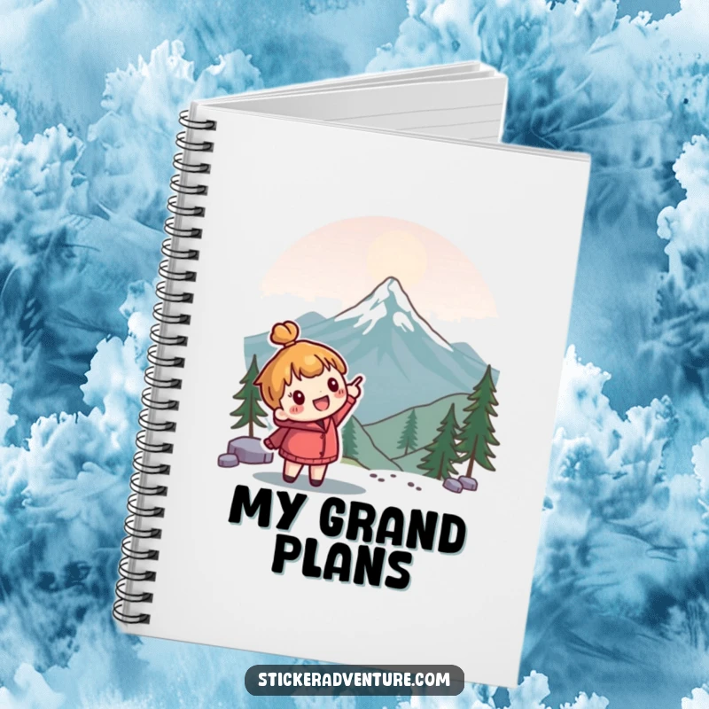 Funny adventure notebook with a cute character enthusiastically pointing towards a mountain peak; ideal for jotting down plans.
