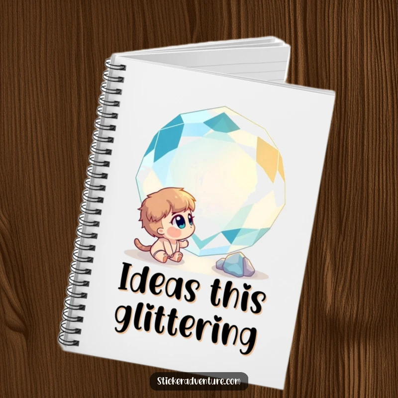 Funny notebook cover with a curious character gazing in wonder at a giant, sparkling gemstone, inspiring creative thought.
