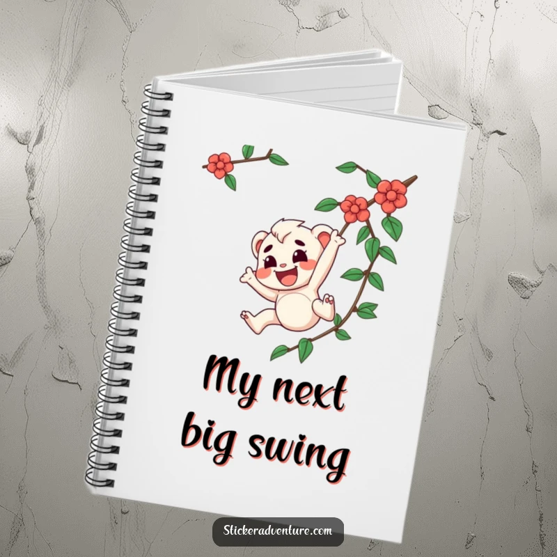 Funny notebook cover with a joyful character determinedly swinging from a vine, inspiring creative thoughts and adventurous note-taking.