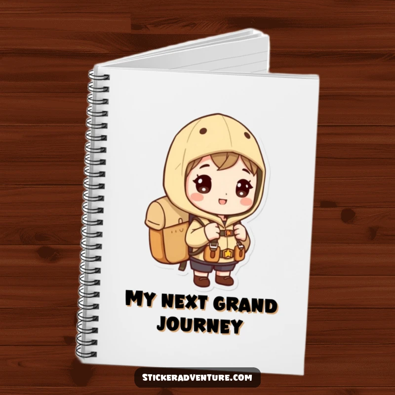 Funny exploration notebook, a character with a backpack, eager for discovery, ideal for notes and gifting.