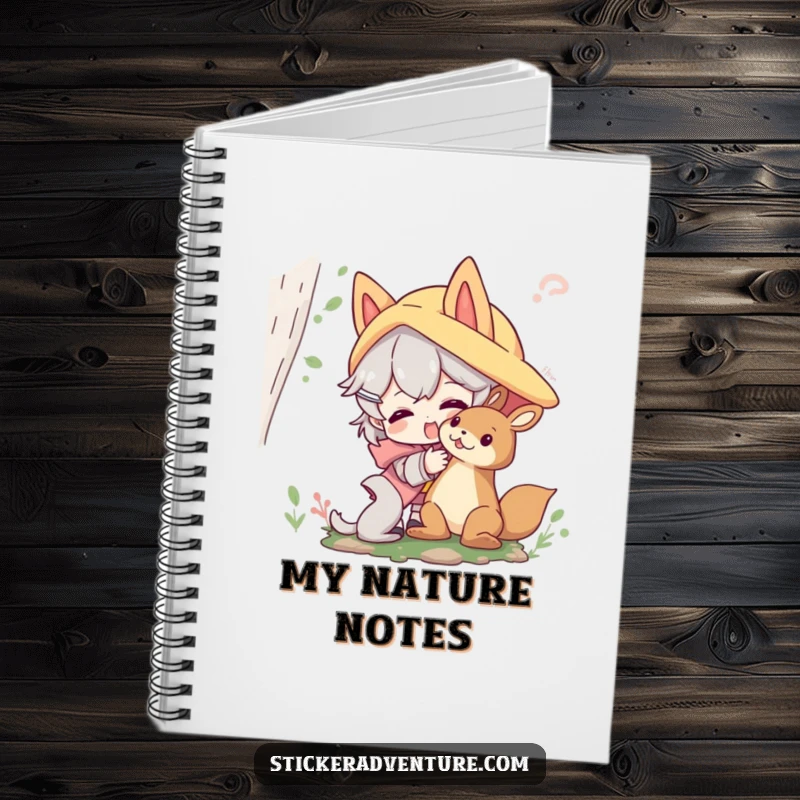 Funny forest friends notebook with a character playfully interacting with a friendly forest creature; ideal for jotting down thoughts.
