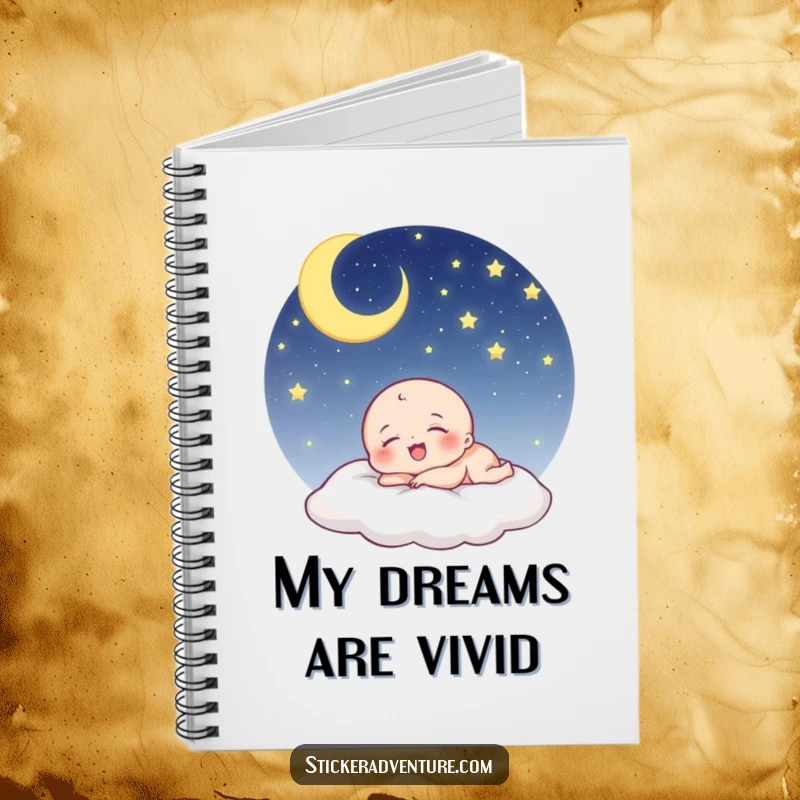 Funny being notebook: a tiny, cute character laughs while sleeping under a starry sky, ideal for writing.