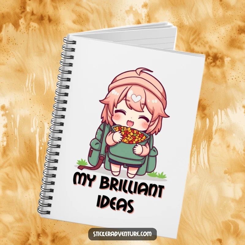 Funny notebook with a character delightedly sharing trail mix from a backpack, offering a piece, great for note-taking.